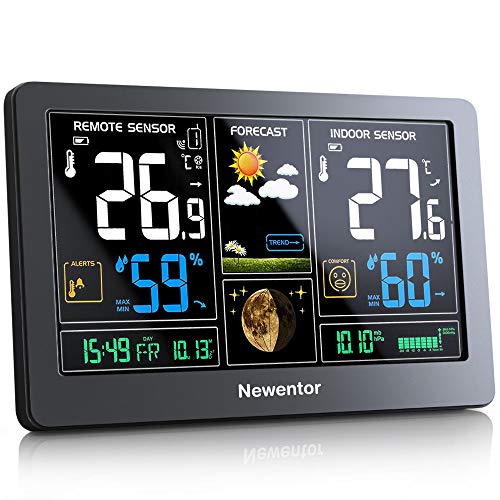 Newentor Wetterstation Funk mit Außensensor – Funkwetterstation mit Wettervorhersage, Temperaturwarnung, DCF Funkuhr – Batteriebetrieb und Netzbetrieb